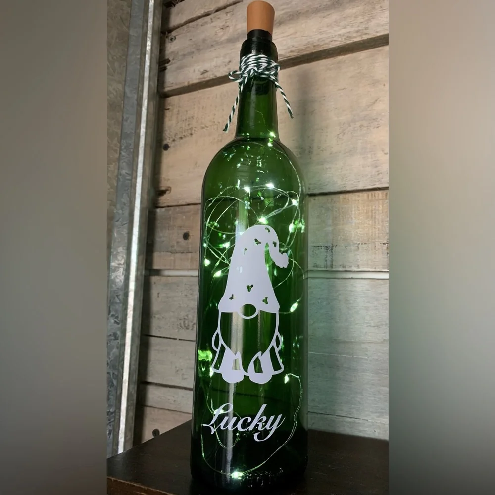 ‘Lucky’ Gnome wine bottle lantern